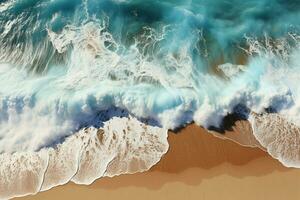 Seaside tranquility Soft wave graces sandy beach, captured from top view perspective AI Generated photo