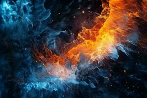 Dynamic black artwork showcases the fusion of fire and ice. AI Generated photo