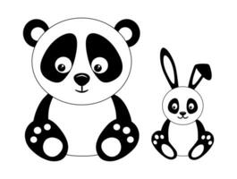 Black and white cartoon panda and bunny isolated on white background. Vector illustration, design element for postcards, textile, print or stickers