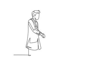 soi dessin animation de Célibataire ligne dessiner Jeune intelligent médecin visite une patient pose à lit dans hôpital et poignée de main lui à demander état de le sien en bonne santé. continu ligne dessiner. plein longueur animation video