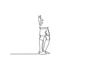 animerad själv teckning av kontinuerlig linje dra två fotboll spelare föra boll och handskakning till visa idrott innan startande de match. respekt i fotboll sport. full längd enda linje animering video