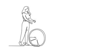 Self drawing animation of single line draw young doctor visiting and handshaking the old patient with wheelchair in hospital. Health care service concept. Continuous line draw. Full length animated video