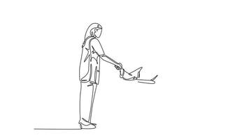 Animated self drawing of continuous line draw smart pretty female doctor visiting and handshaking the patient with wheelchair in hospital. Medical health care concept. Full length one line animation video