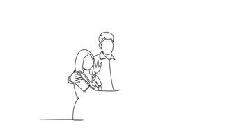 Animated self drawing of continuous line draw obstetrician and gynecologist doctor handshake and congratulate a happy young couple about pregnancy. Medical check up. Full length one line animation video