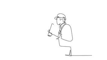 Animated self drawing continuous line draw architect holding on roll paper, builder foreman wearing construction vest, helmet handshake to deal project. Great teamwork. Full length one line animation video