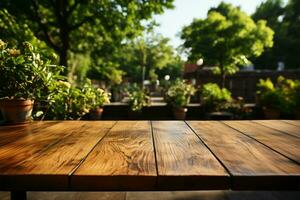 Natures showcase Vacant wooden table in park, ready for product displays amidst greenery AI Generated photo