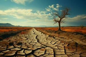 Deserts plight Cracked, parched soil reflects climate changes harsh impact on land AI Generated photo