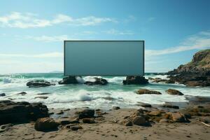 Seaside serenity Empty billboard stands against tranquil ocean backdrop on sandy shore AI Generated photo
