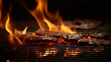 Sizzling flames, Fiery grill ready for some mouthwatering barbecue action. AI Generated photo