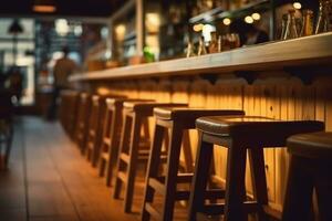 Blurred background of a restaurant bar interior with a wooden table. AI Generated photo