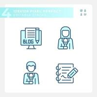 2D pixel perfect blue icons set representing journalism, editable thin line illustration. vector