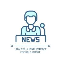 2D pixel perfect editable newscaster blue icon, isolated vector, thin line illustration representing journalism. vector