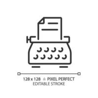 2D pixel perfect editable black typewriter icon, isolated vector, thin line illustration representing journalism. vector