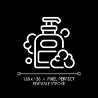 2D pixel perfect editable shampoo bottle white icon, isolated vector, haircare thin line simple illustration. vector