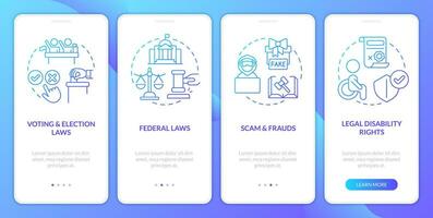 Laws and legal matters blue gradient onboarding mobile app screen. Walkthrough 4 steps graphic instructions with linear concepts. UI, UX, GUI template vector