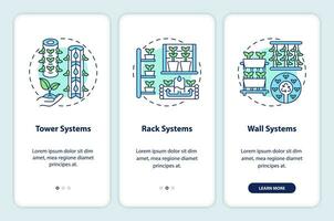 lineal íconos representando vertical agricultura y hidroponia móvil aplicación pantalla. 3 pasos gráfico instrucciones, ui, ux, gui modelo. vector