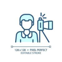 2D pixel perfect editable blue photojournalist icon, isolated vector, thin line illustration representing journalism. vector