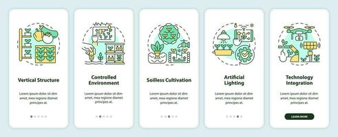 lineal íconos representando vertical agricultura y hidroponia móvil aplicación pantalla colocar. 5 5 pasos gráfico instrucciones, ui, ux, gui modelo. vector