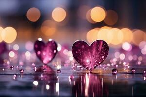 Valentines ambiance panoramic glittering bokeh with trendy magenta shades and heart motifs AI Generated photo
