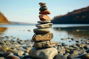 Nautical formation Sea kissed stones stacked into a pyramid along the shore AI Generated photo