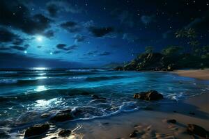 Waves midnight rendezvous Sandy beach kissed by sea under a star studded sky AI Generated photo