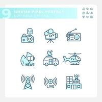 Pixel perfect blue icons representing journalism, editable thin line illustration set. vector