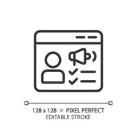 Pixel perfect editable black customer feedback icon, isolated vector, product management thin line illustration. vector