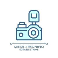 2D pixel perfect editable blue camera icon, isolated vector, thin line illustration representing journalism. vector