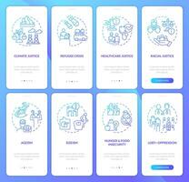 Social problems blue gradient onboarding mobile app screen set. Justice issues walkthrough 4 steps graphic instructions with linear concepts. UI, UX, GUI template vector