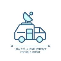 2D pixel perfect editable blue news satellite van icon, isolated vector, thin line illustration representing journalism. vector