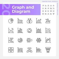 Graph and diagram linear icons set. Data visualization. Information display. Presentation element. Customizable thin line symbols. Isolated vector outline illustrations. Editable stroke