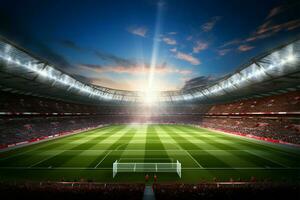 Crowded 3D pitch, Rendered stadium showcases bustling soccer action AI Generated photo