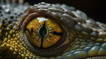 escamoso ojo de un iguana arriba cerca ai generado foto