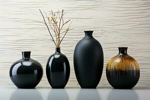 Ebony vases on sleek marble, striking contrast against white wall backdrop AI Generated photo