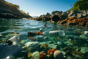 Beach pollution depicted with plastic bottles and trash littering the shoreline AI Generated photo