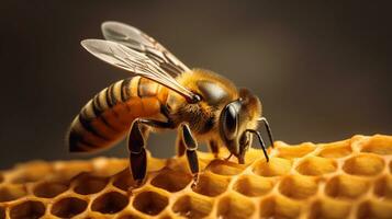 Honey-loving bee on comb surface with copy space AI Generated photo