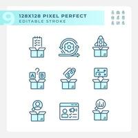 Pixel perfect blue icons representing product management, editable thin line illustration set. vector