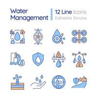 Water supply management RGB color icons set. Control and protect aqua sources. Freshwater consumption. Isolated vector illustrations. Simple filled line drawings collection. Editable stroke