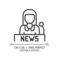 2D pixel perfect editable black female newscaster icon, isolated vector, thin line illustration representing journalism. vector