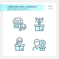 2D pixel perfect blue icons set representing product management, editable thin line illustration. vector