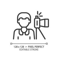 2D pixel perfect editable black photojournalist icon, isolated vector, thin line illustration representing journalism. vector