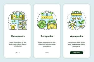 Linear icons representing types of vertical farming mobile app screen set. 3 steps graphic instructions, UI, UX, GUI template. vector