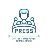 2D pixel perfect editable blue press conference icon, isolated vector, thin line illustration representing journalism. vector