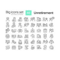 2D editable black big line icons set representing unretirement, isolated vector, linear illustration. vector