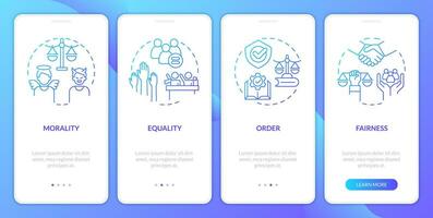 Law and justice ideas blue gradient onboarding mobile app screen. Walkthrough 4 steps graphic instructions with linear concepts. UI, UX, GUI template vector