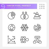 Chart and diagram linear icons set. Data display. Business statistics. Decision making. Project management. Customizable thin line symbols. Isolated vector outline illustrations. Editable stroke