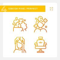 2d píxel Perfecto degradado Delgado línea íconos conjunto representando cuidado del cabello, naranja ilustración. vector