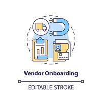 2D editable vendor onboarding thin line icon concept, isolated vector, multicolor illustration representing vendor management. vector