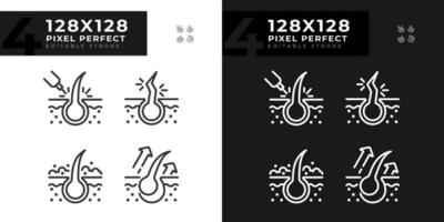 píxel Perfecto oscuro y ligero íconos conjunto representando cuidado del cabello, editable Delgado línea ilustración. vector