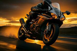 Morning throttle Motorcyclist races on sunrise lit highway, ample copy space enhancing composition AI Generated photo